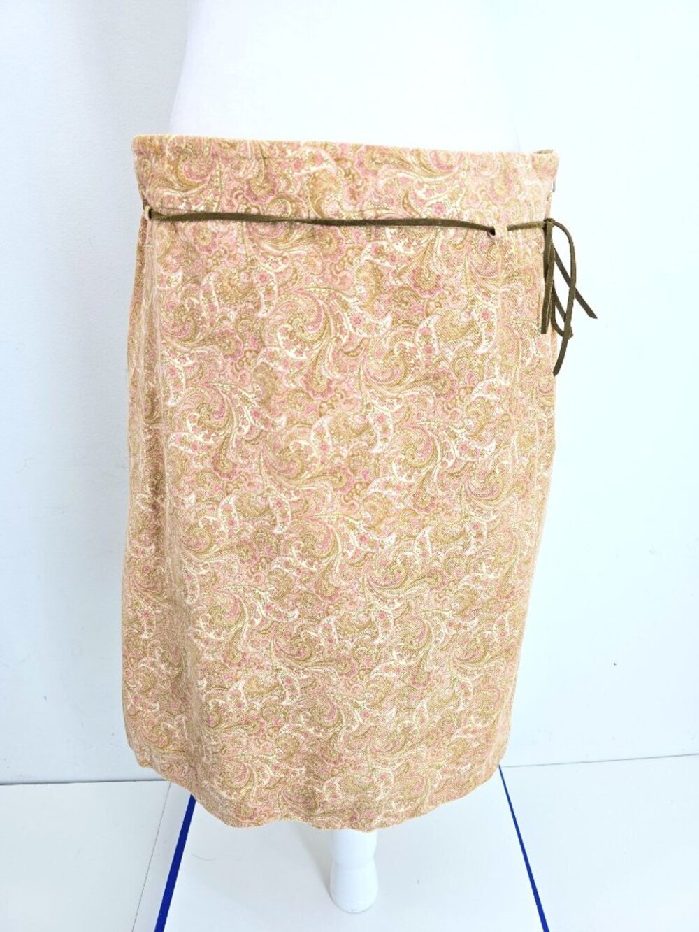 VTG 90s Ann Taylor Tan Brown Paisley Corduroy Modest Belted Pencil Skirt